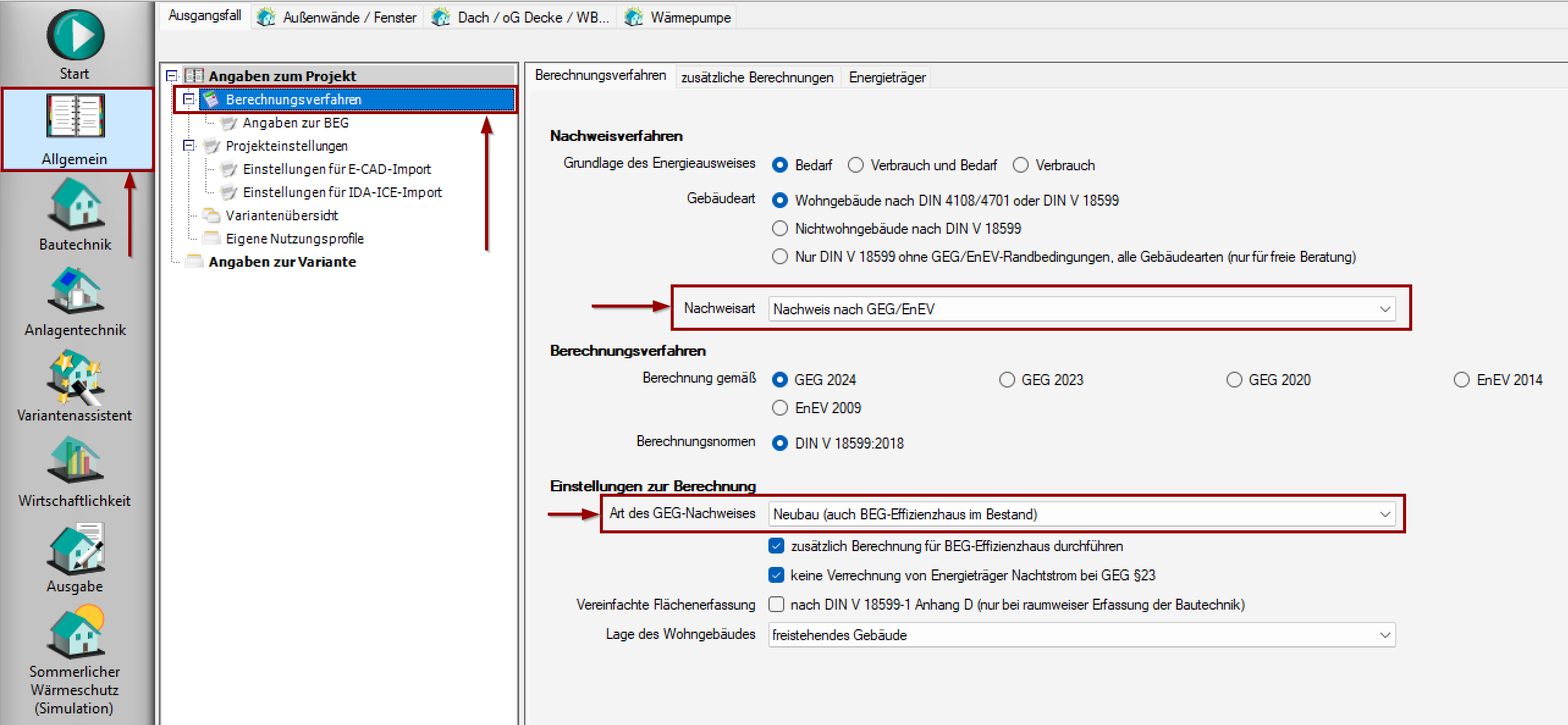 Einstellungen Berechnungsverfahren