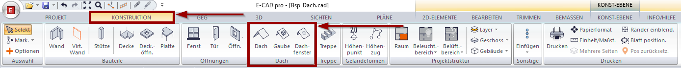Konstruktionsmodus Bereich Dach