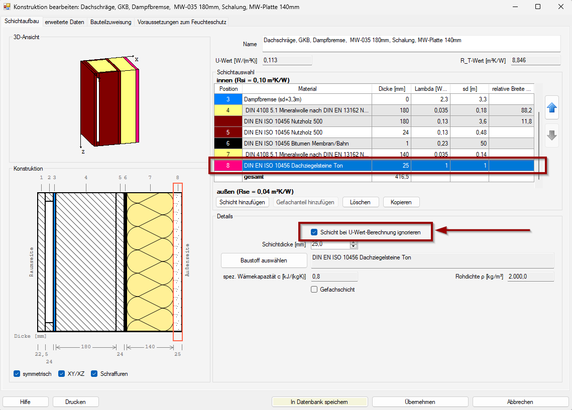 Schichten bei U-Wert-Berechnung ignorieren