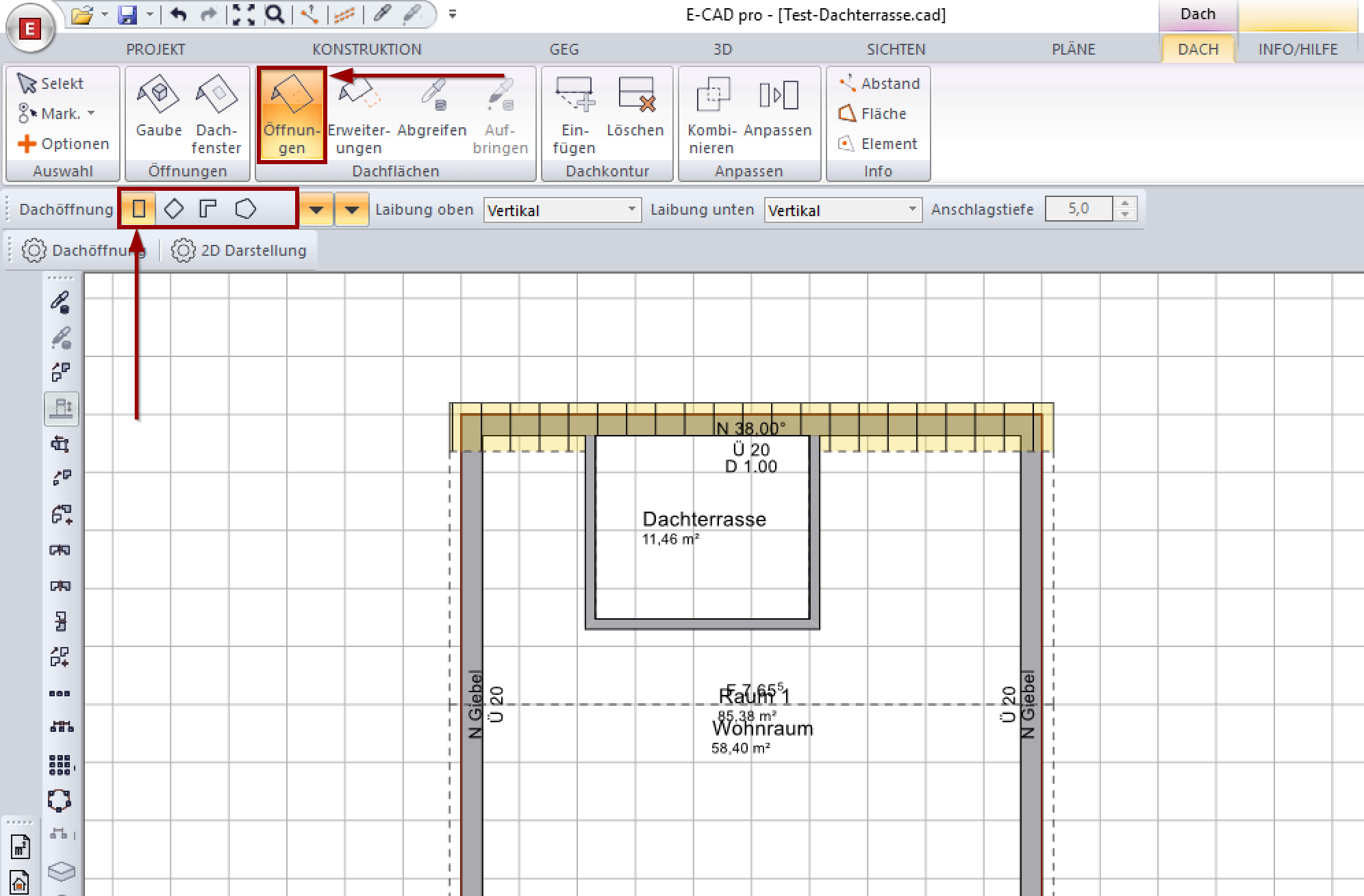 Dachöffnung eingeben