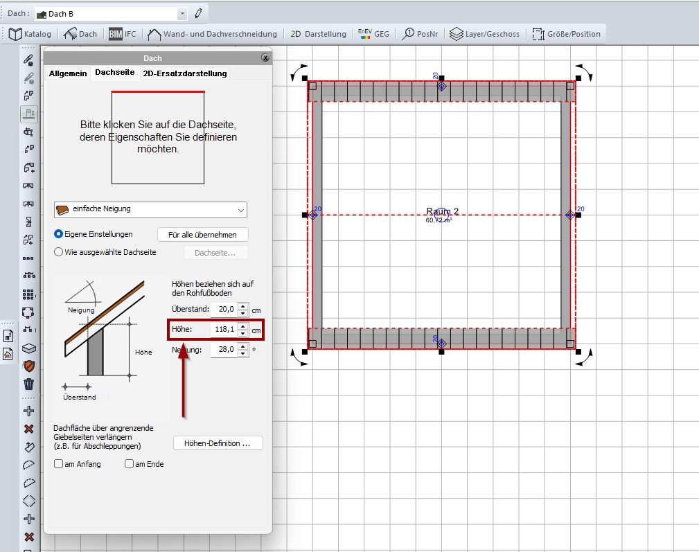 Eingabe der Drempelhöhe