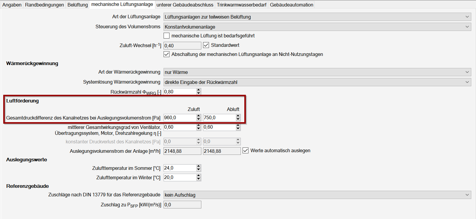 Gesamtdruckdifferenz des Kanalnetzes