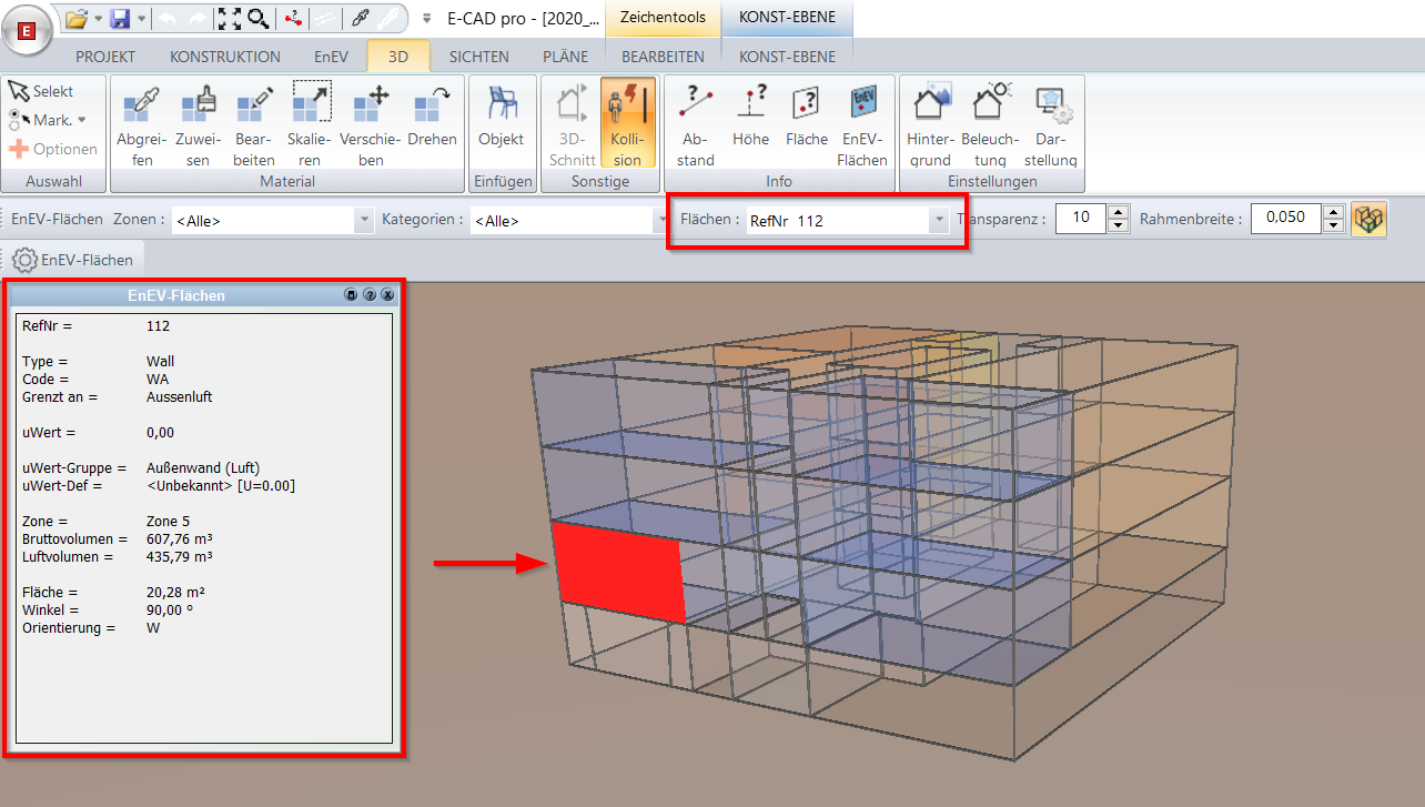 E-CAD: Drahtmodell mit ausgewählter Bauteilfläche